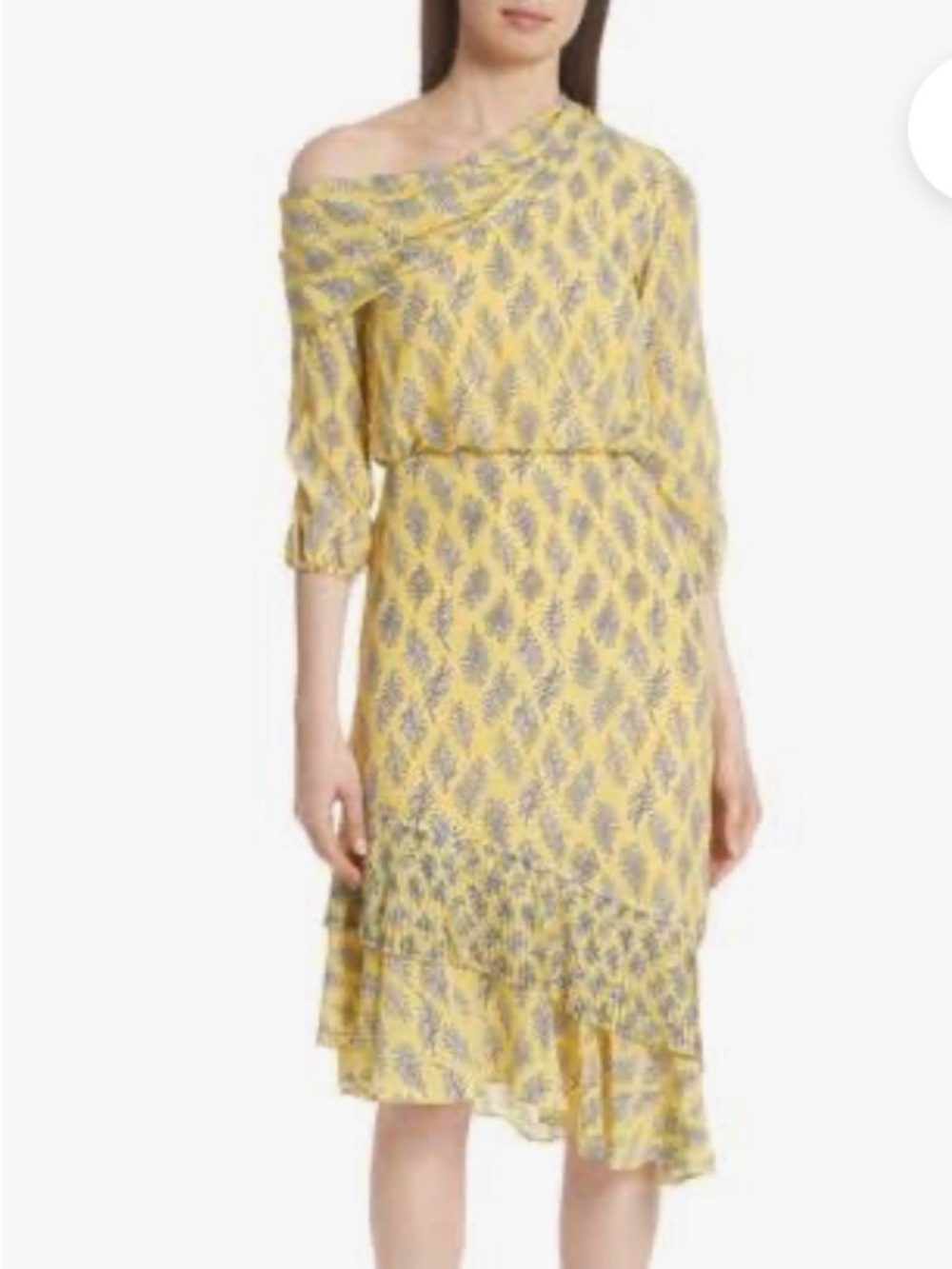 SALONI Yellow Printed Asymmetrical Off-Shoulder Dress